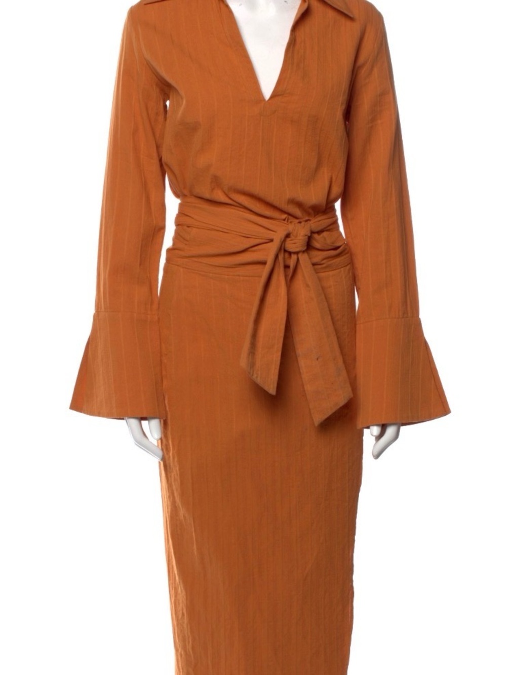 Women's Long Sleeve Tie-Waist Dress in Burnt Orange